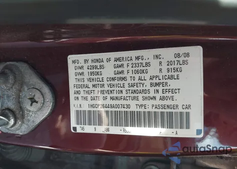 2009 Honda Accord 2.4 Lx-P z USA, uszkodzony, nr VIN 1HGCP26449A007430